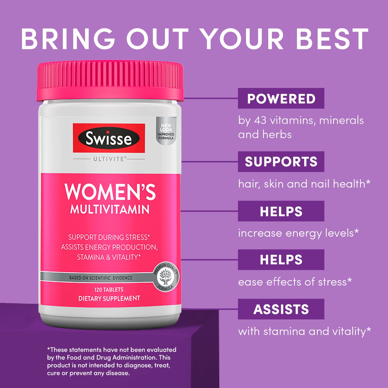 Swisse Daily Multivitamin for Women packaging front view with 120-tablet bottle.
