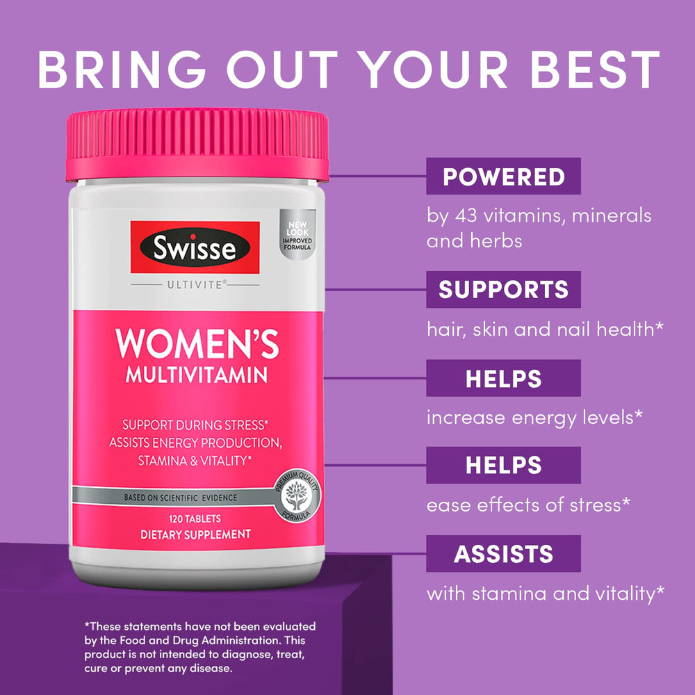 Swisse Daily Multivitamin for Women packaging front view with 120-tablet bottle.