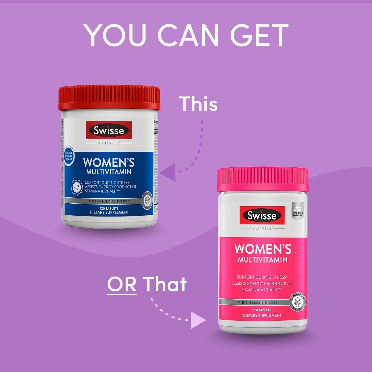Swisse Daily Multivitamin for Women tablets close-up highlighting nutrients and energy support.