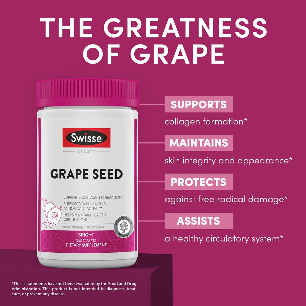 Swisse grape seed extract capsules closeup highlighting polyphenol-rich capsules for daily antioxidant intake.