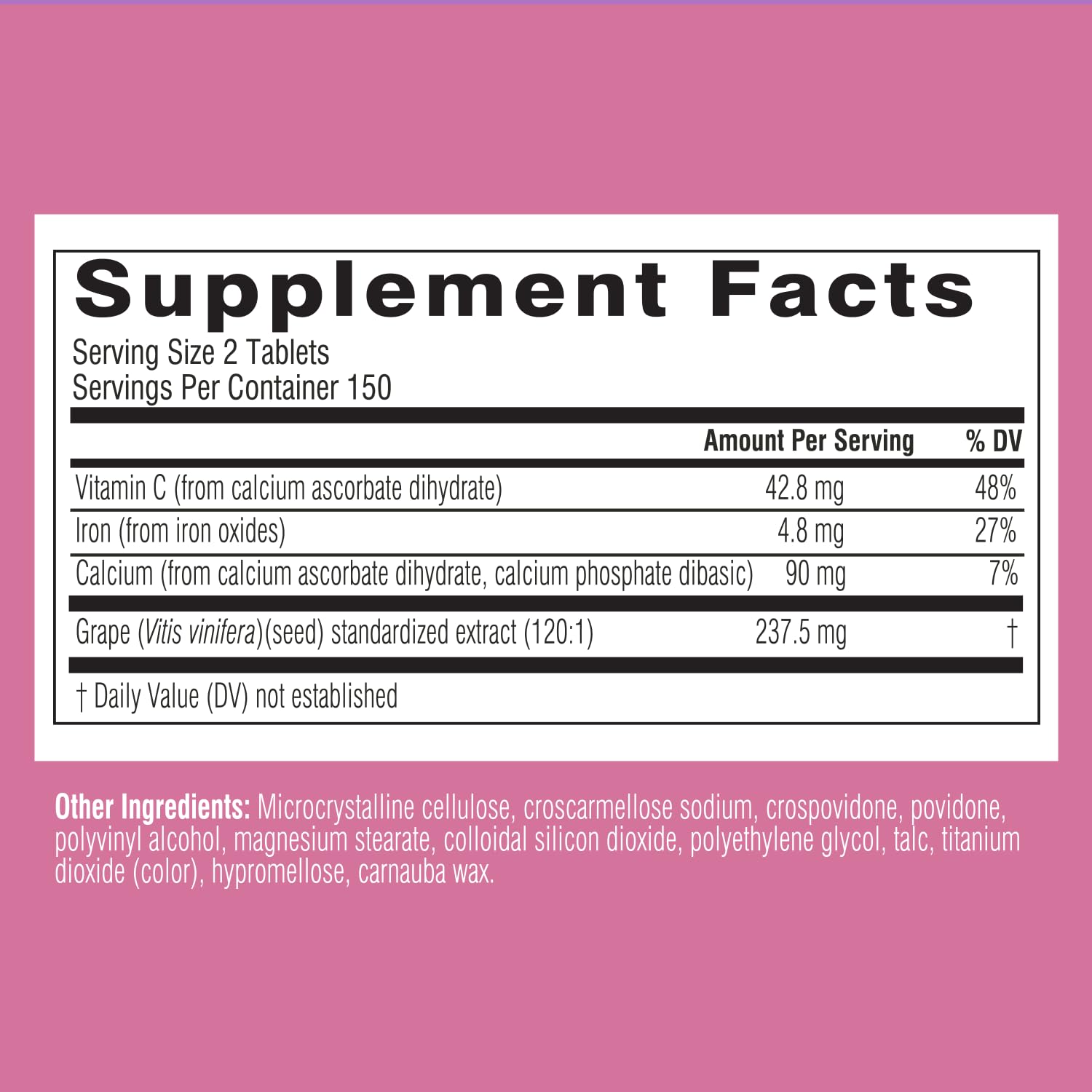 Swisse grape seed extract daily dose image showing two tablets per serving.