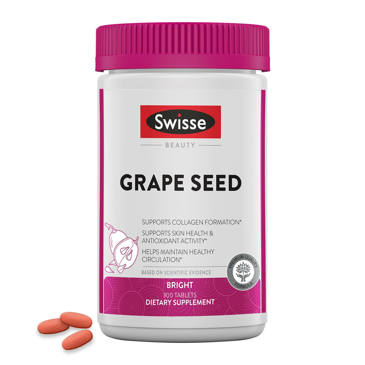 Swisse grape seed extract tablets pack showing vegan formula for antioxidant support.
