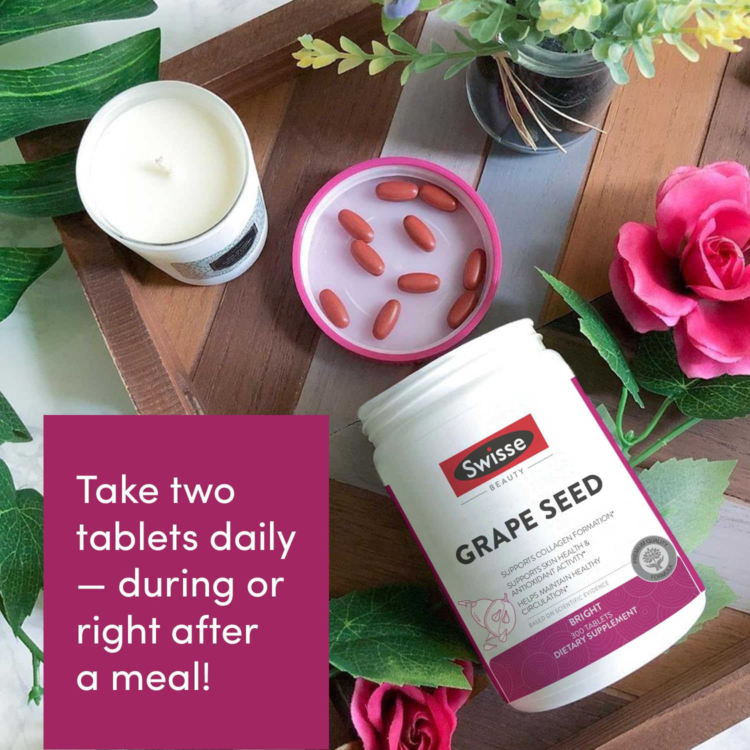 Swisse grape seed extract vegan clean-label product shown for wellness lifestyle.