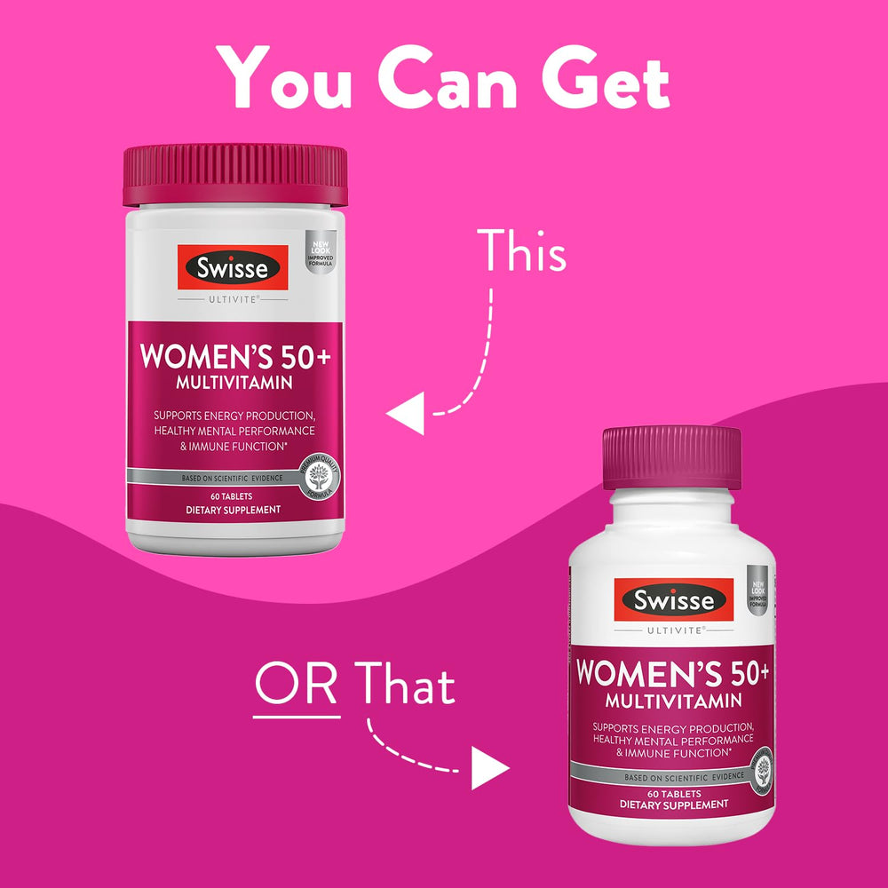 Swisse immune-support multivitamin 50+ for women, packaging shown for everyday wellness.
