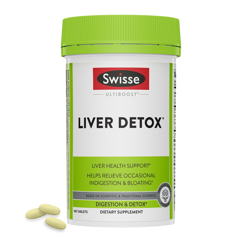 Swisse Milk Thistle Liver Detox bottle front showing 180 pills for liver support