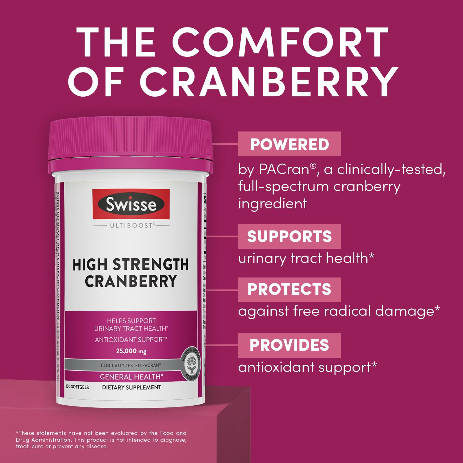 Swisse Pacran cranberry extract capsule delivers 500mg for urinary tract support.