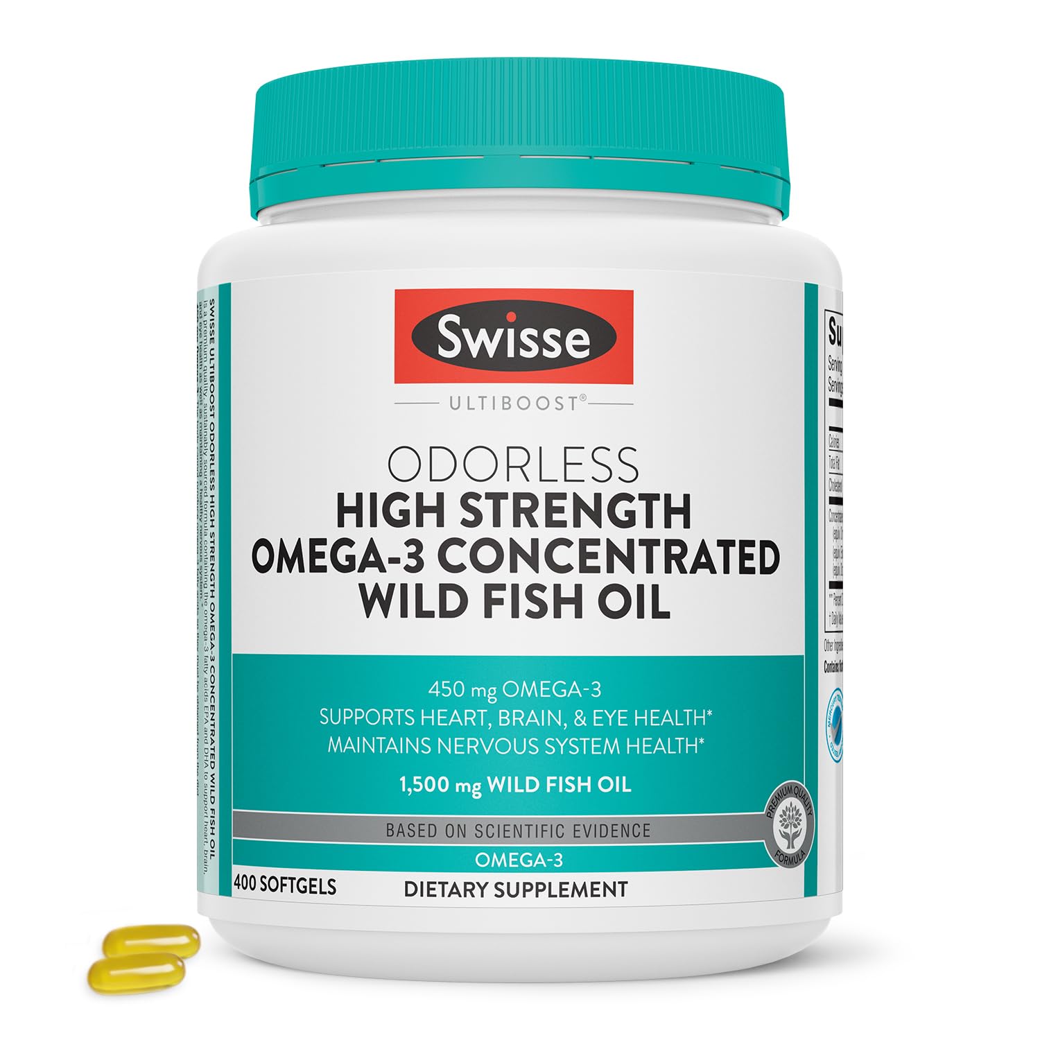 Swisse Wild Fish Oil bottle front; odorless omega-3 for daily support