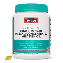 Swisse Wild Fish Oil bottle front; odorless omega-3 for daily support