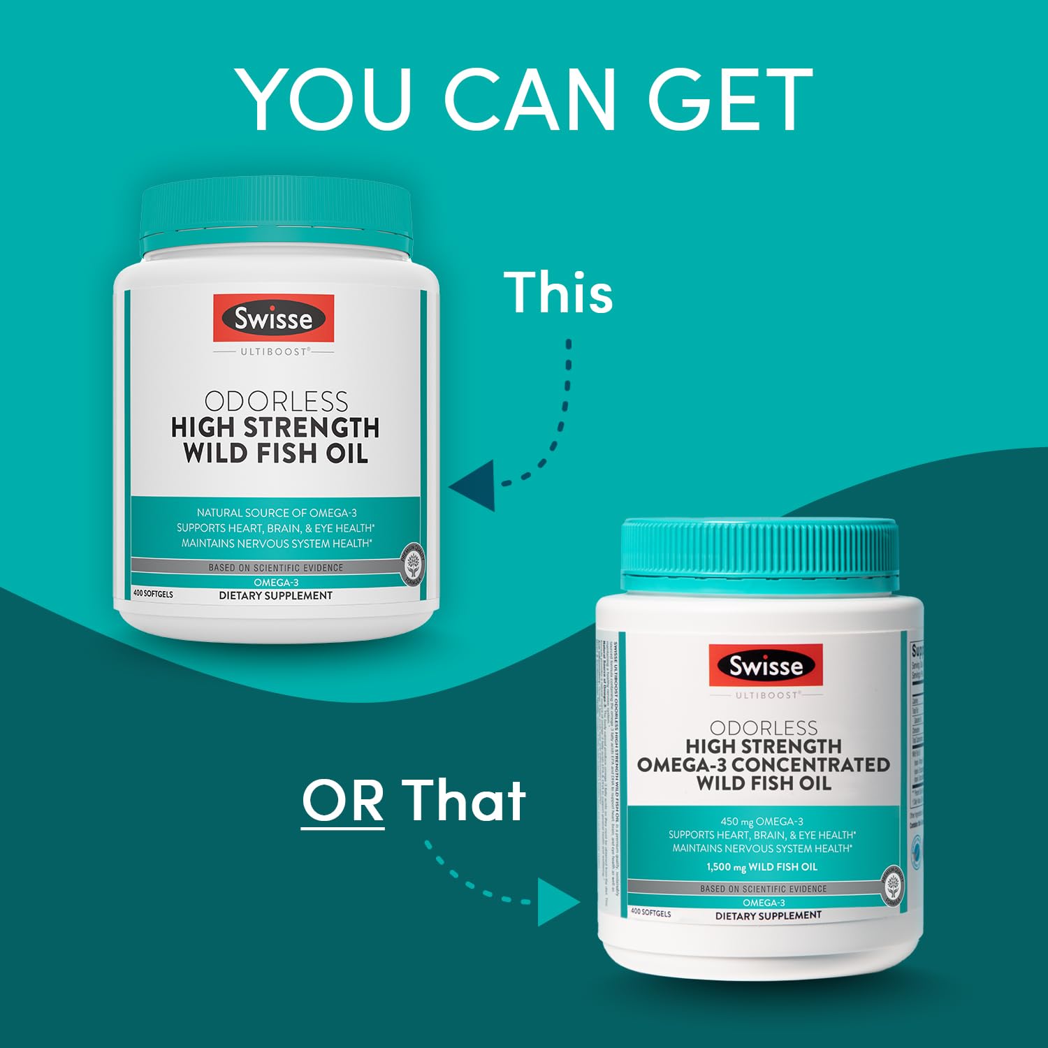 Swisse Wild Fish Oil bottle side label shows EPA and DHA for healthier daily routine