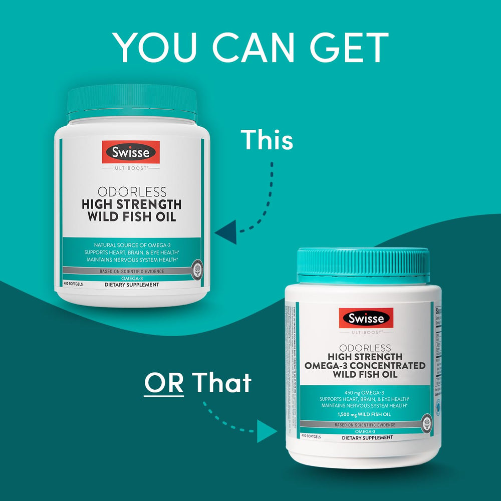 Swisse Wild Fish Oil bottle side label shows EPA and DHA for healthier daily routine
