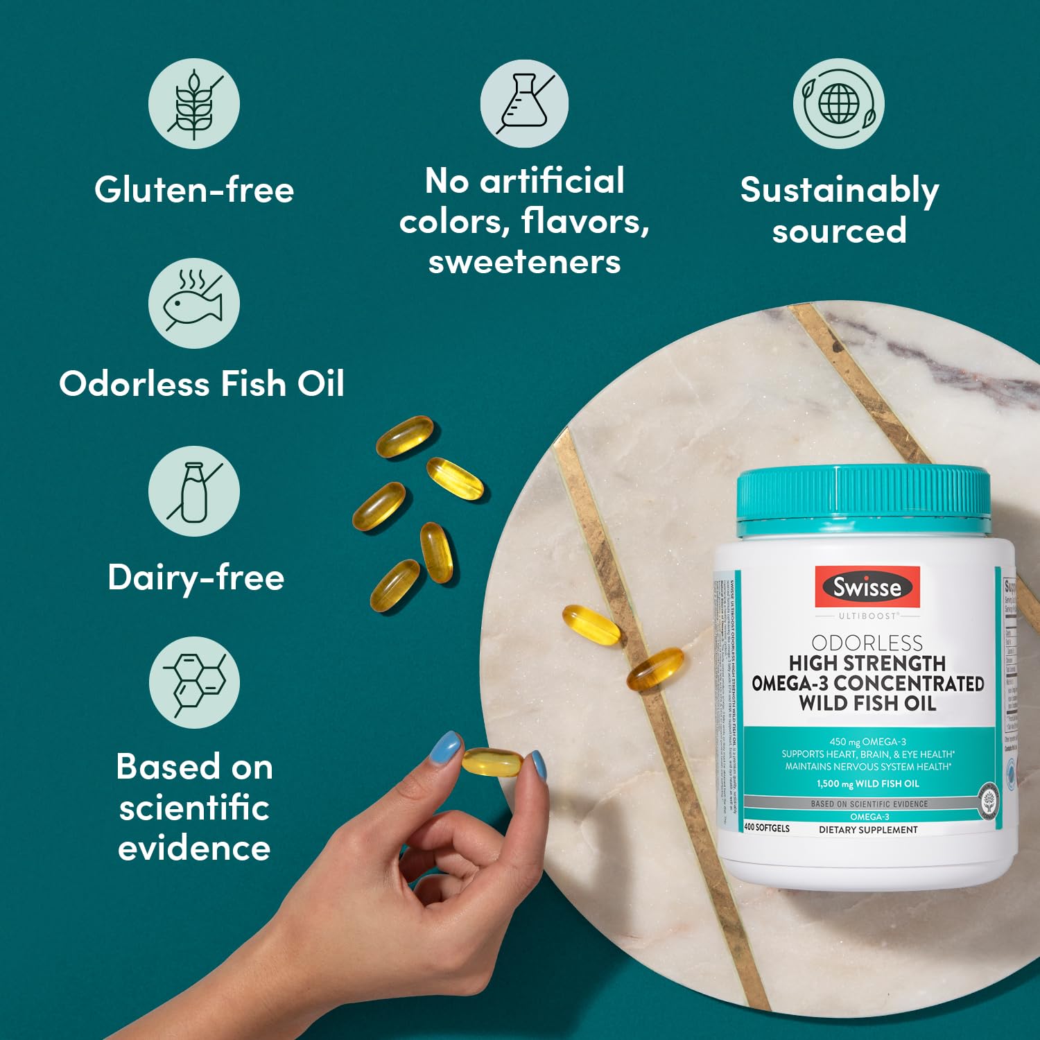Swisse Wild Fish Oil capsules poured into a glass for daily use