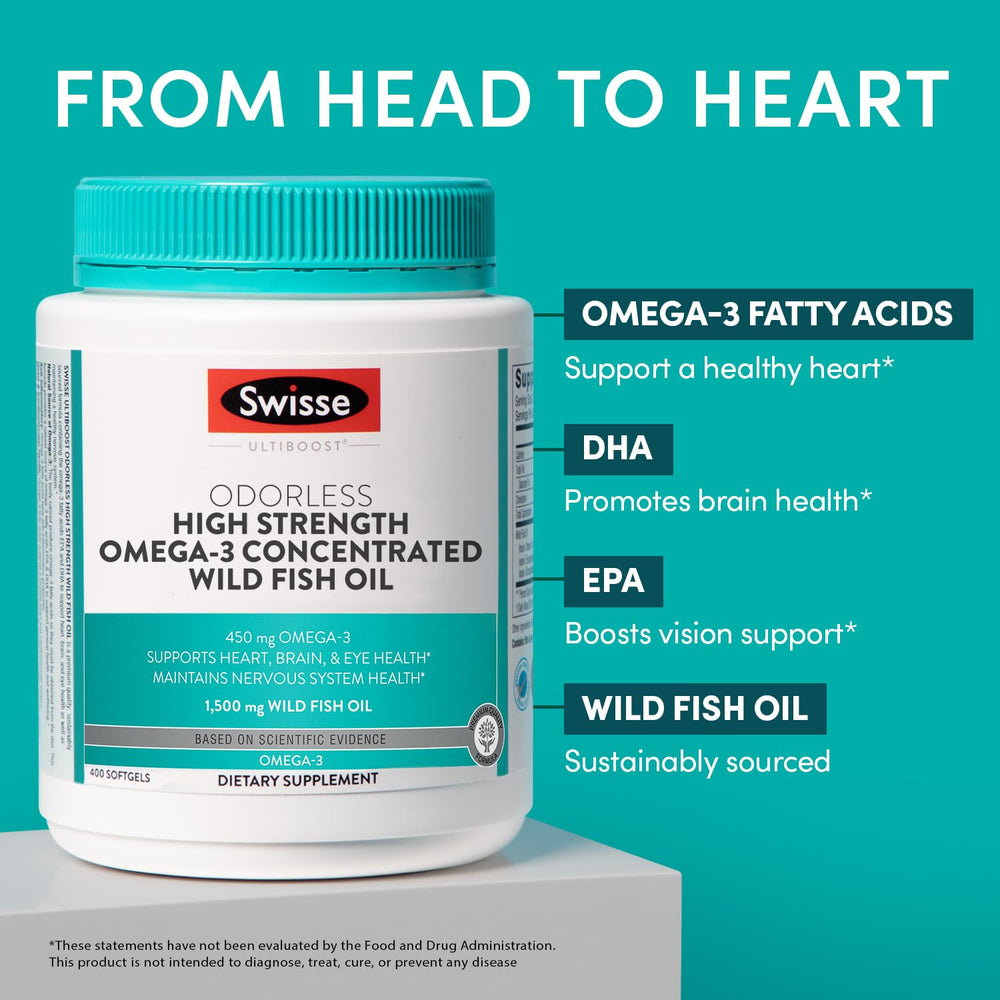 Close-up of Swisse Wild Fish Oil softgels, easy daily intake