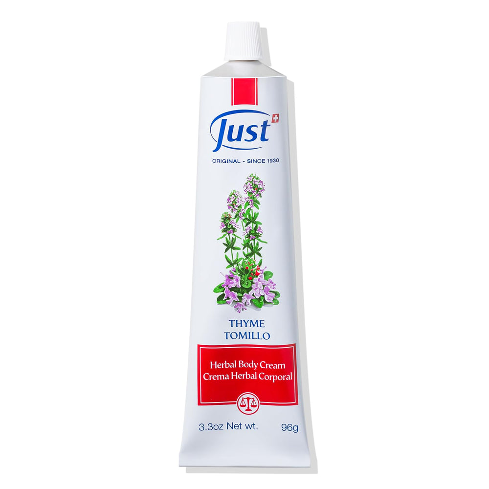 SwissJust Thyme Cream 96g bottle for easy body massage and relaxation.