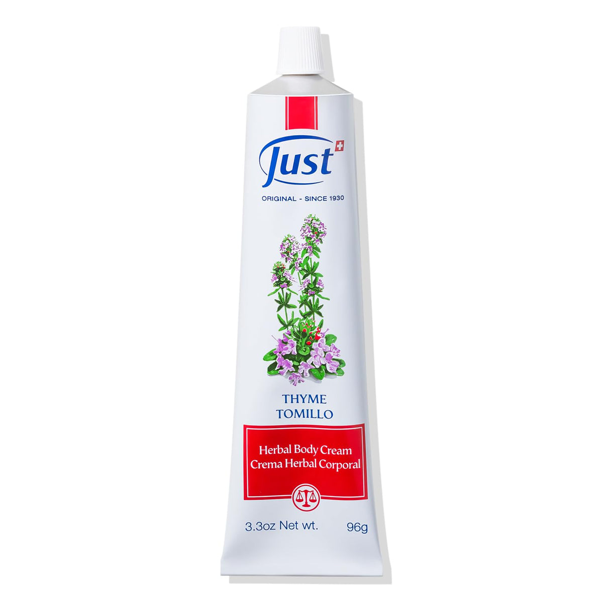 SwissJust Thyme Cream 96g bottle for easy body massage and relaxation.