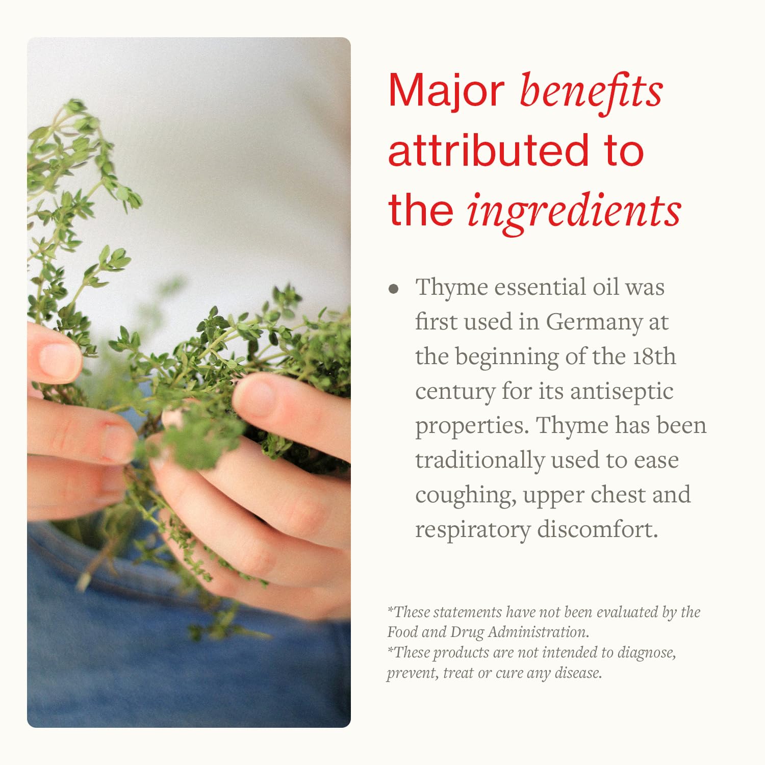 Bottle with label highlights essential oils like rosemary and eucalyptus.