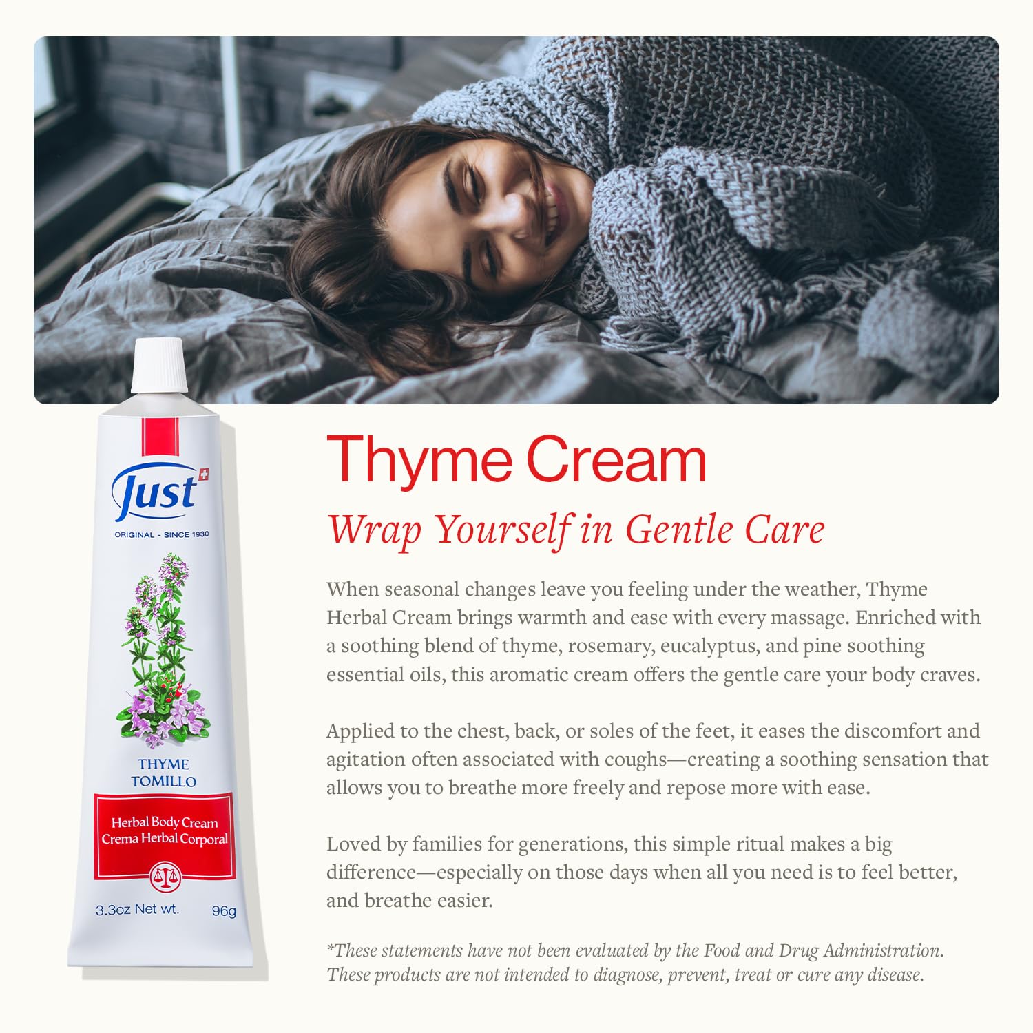 Close-up of Thyme Cream texture ready to soothe tense muscles.