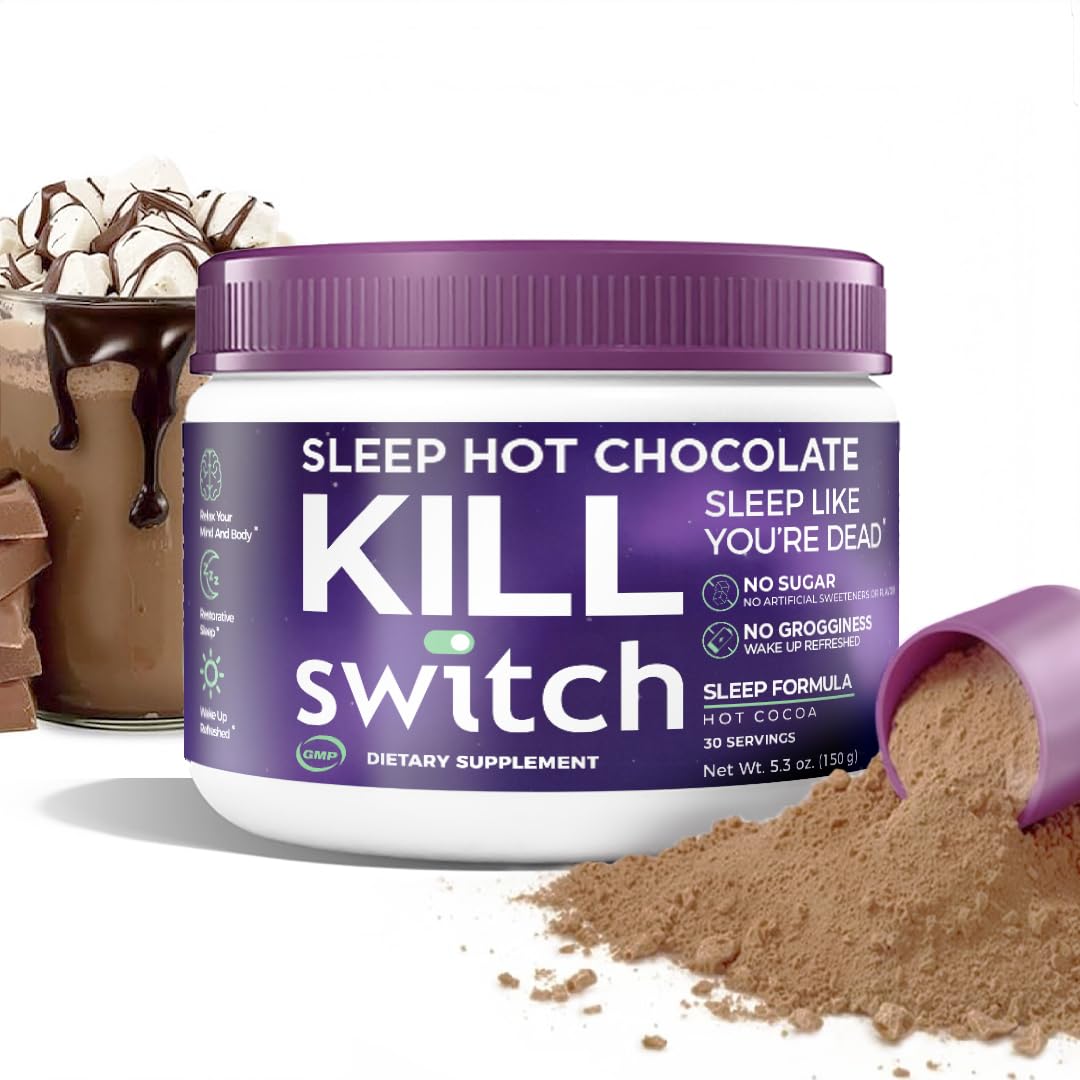 Switch Killswitch sleep aid bottle close-up highlights sugar-free cocoa for evening wind-down.