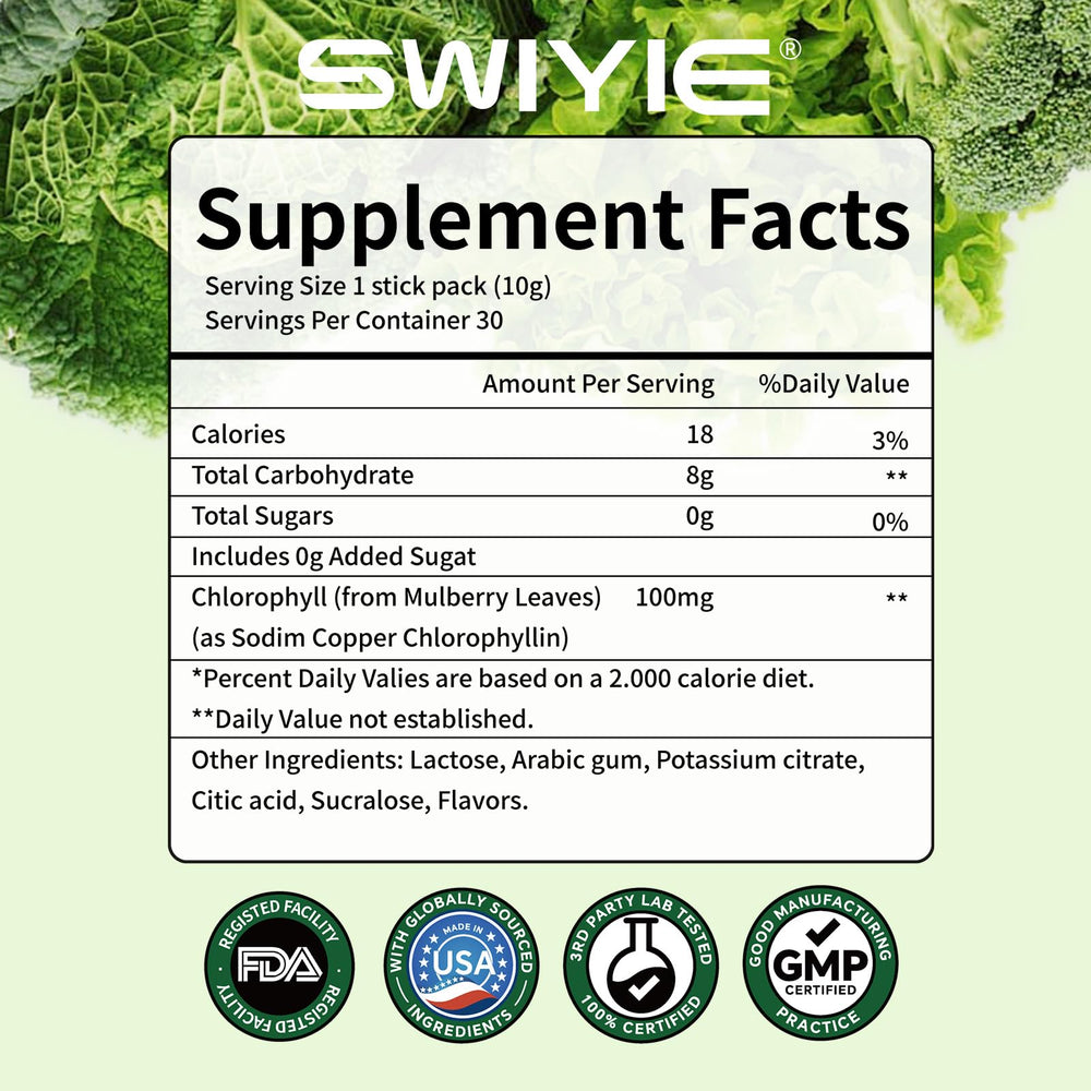 Swiyie chlorophyll powder in a morning ritual.