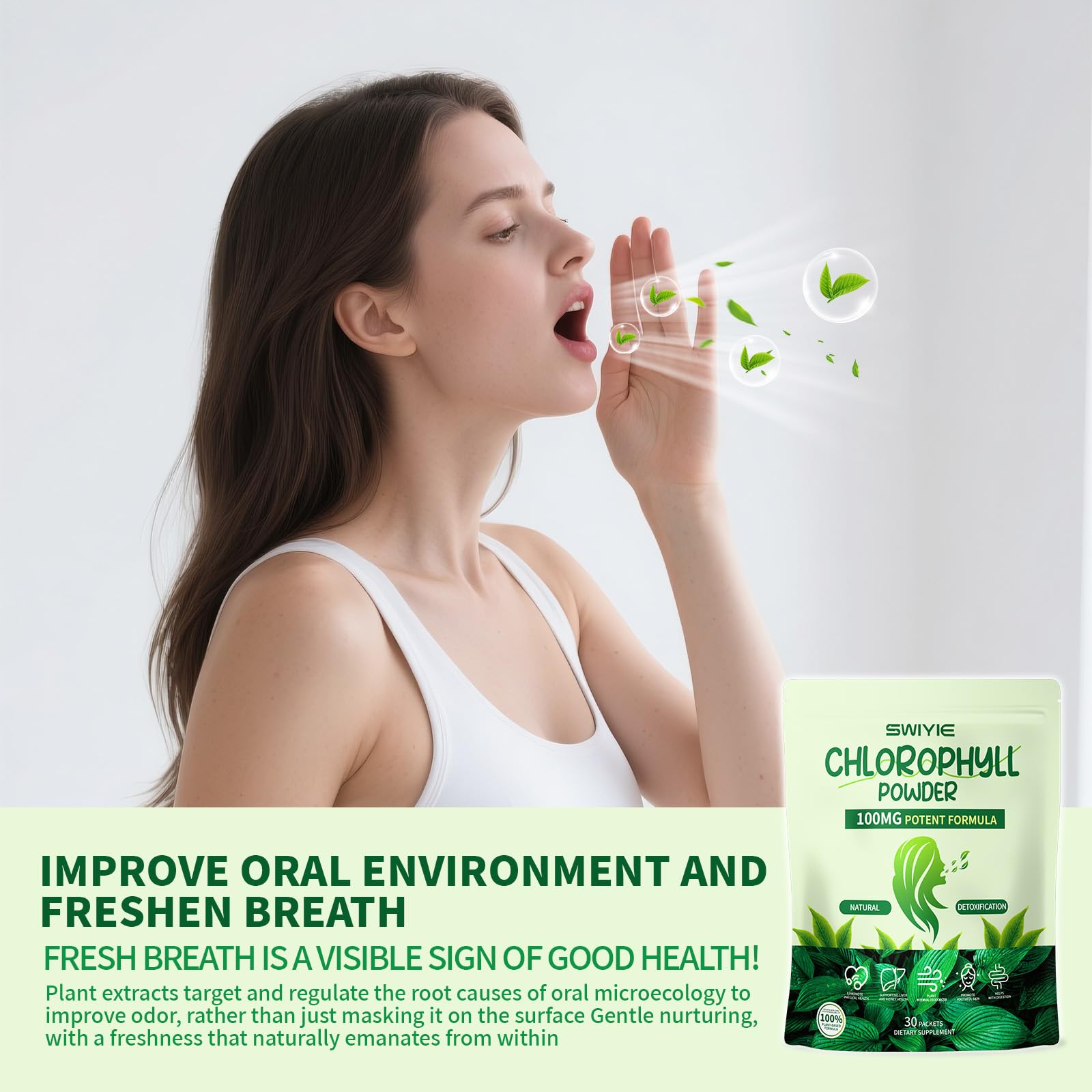 Swiyie chlorophyll powder packets and bottle on kitchen counter.