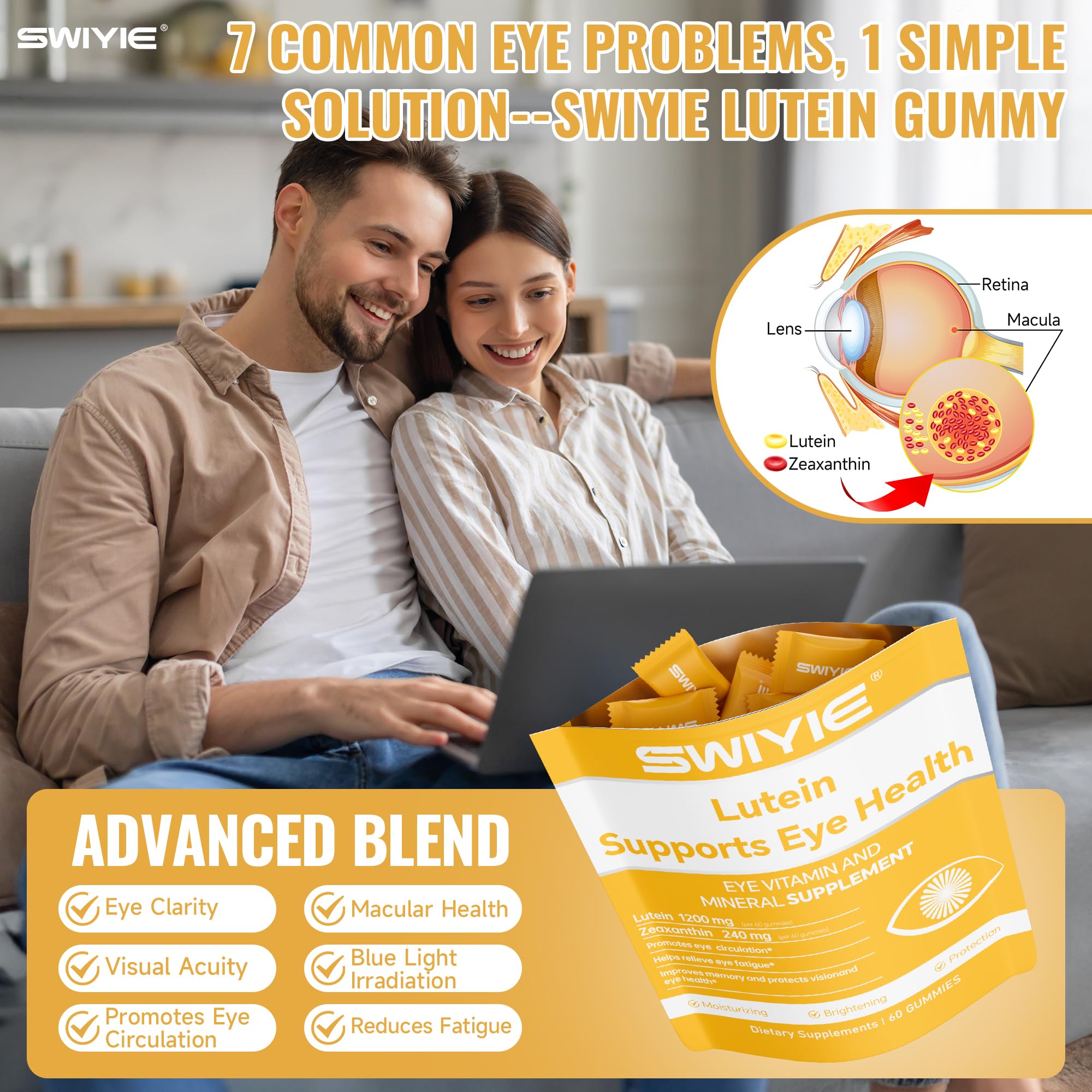 Swiyie Lutein Gummies packaging highlights preservative-free, natural ingredients for eye care.