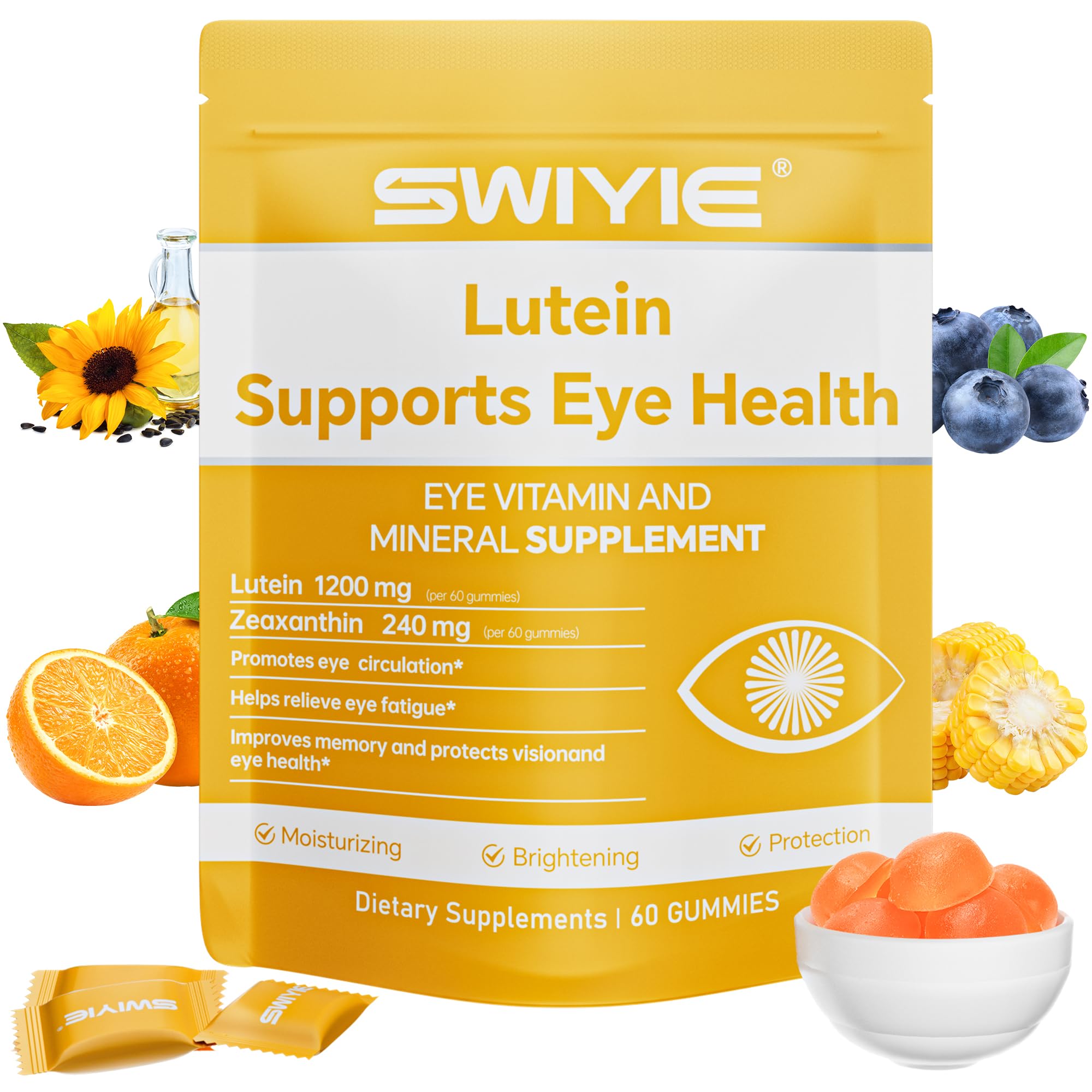 Swiyie Lutein Gummies bottle promotes daily eye wellness with berry chews.