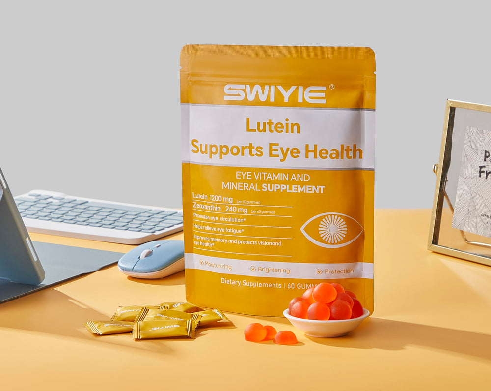 Swiyie Lutein Gummies near a digital device illustrating use during long screen sessions.