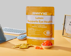 Swiyie Lutein Gummies near a digital device illustrating use during long screen sessions.
