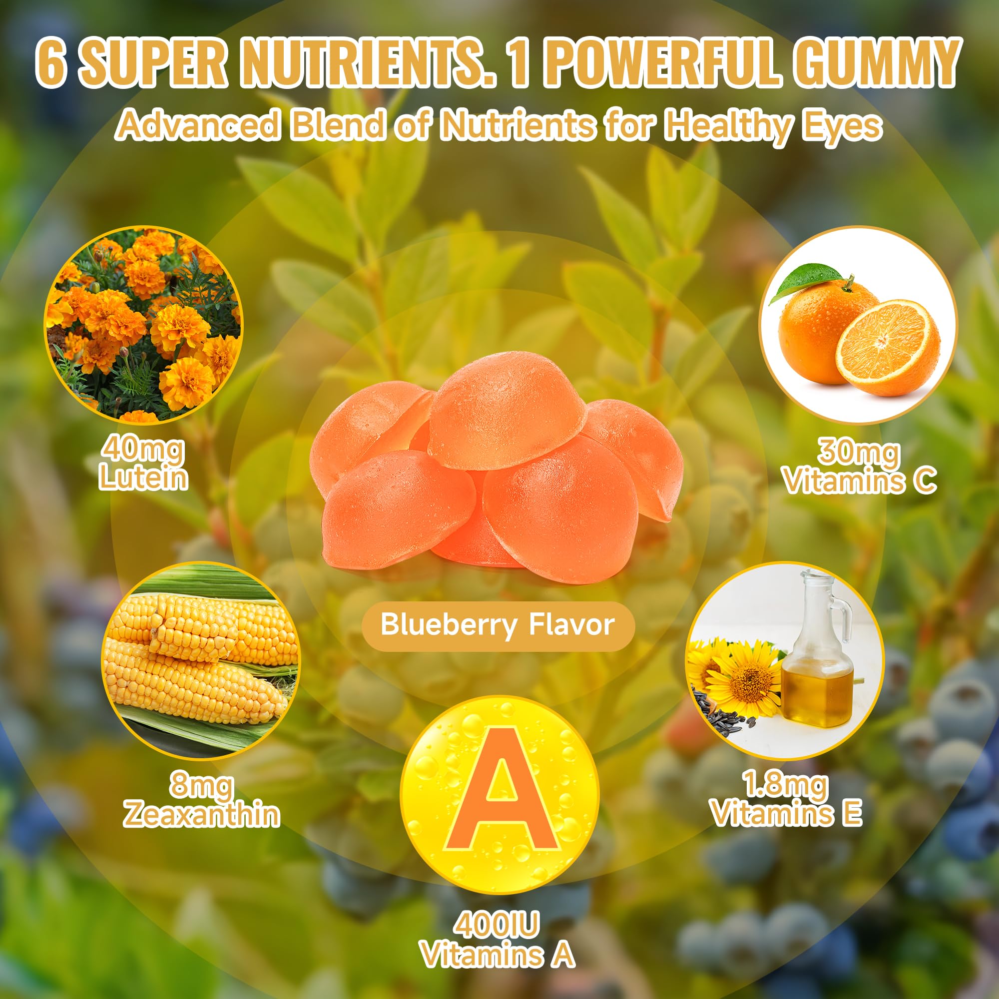 Swiyie Lutein Gummies label shows lutein, zeaxanthin, vitamins A C E for antioxidant support.