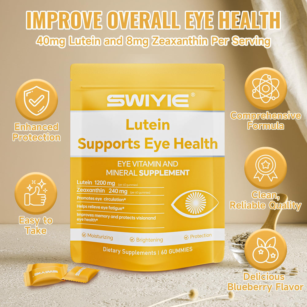Swiyie Lutein Gummies packaging close-up highlights natural blueberry flavor.