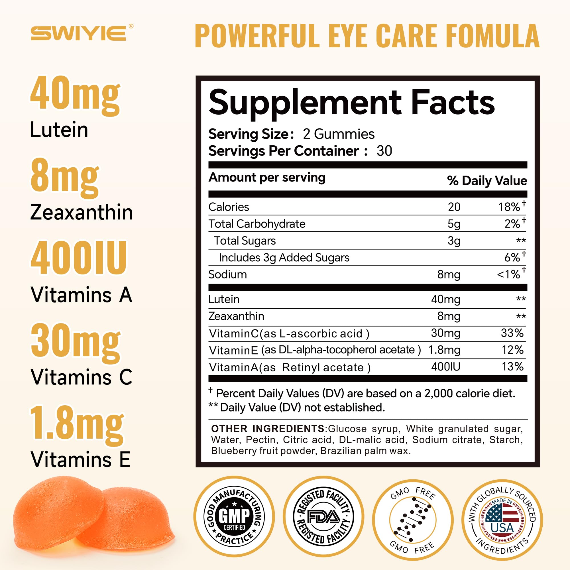 Swiyie Lutein Gummies two-chew daily serving supports consistent eye nutrition.