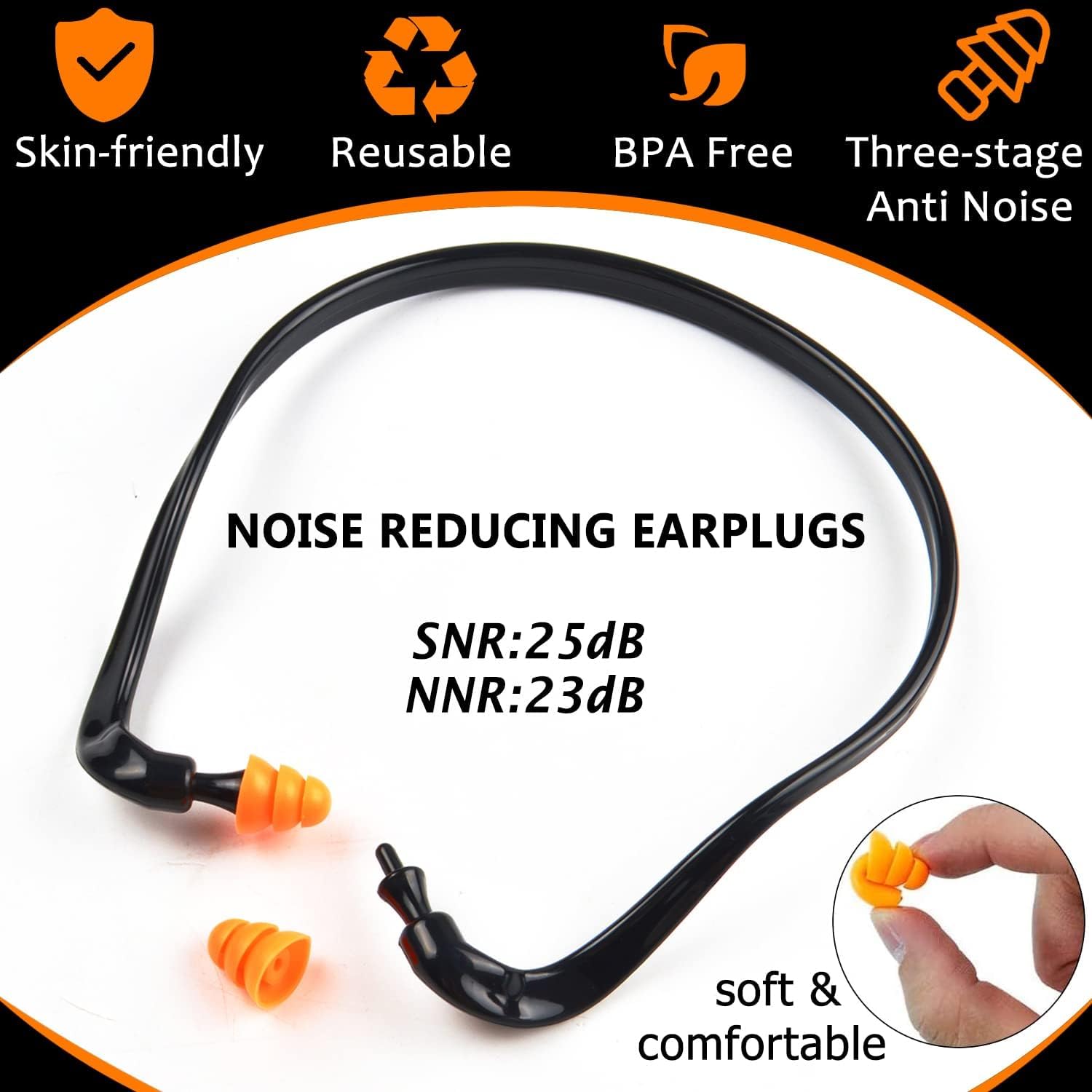 Close-up of SWJDSSSSPBTLPYSL banded ear plugs with silicone tips for comfort