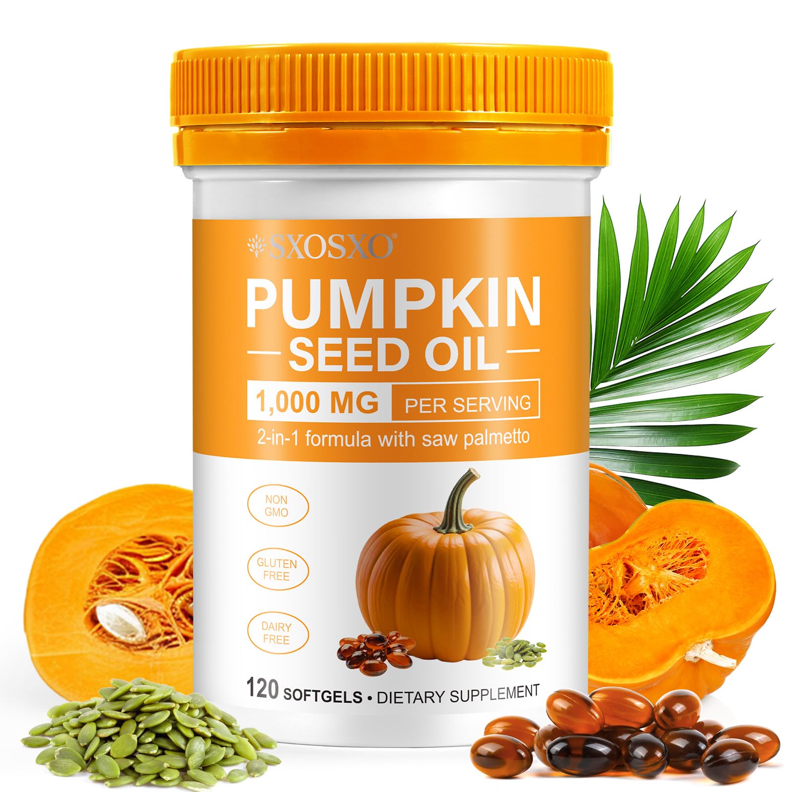 SXOSXO pumpkin seed oil softgels in bottle for daily wellness.