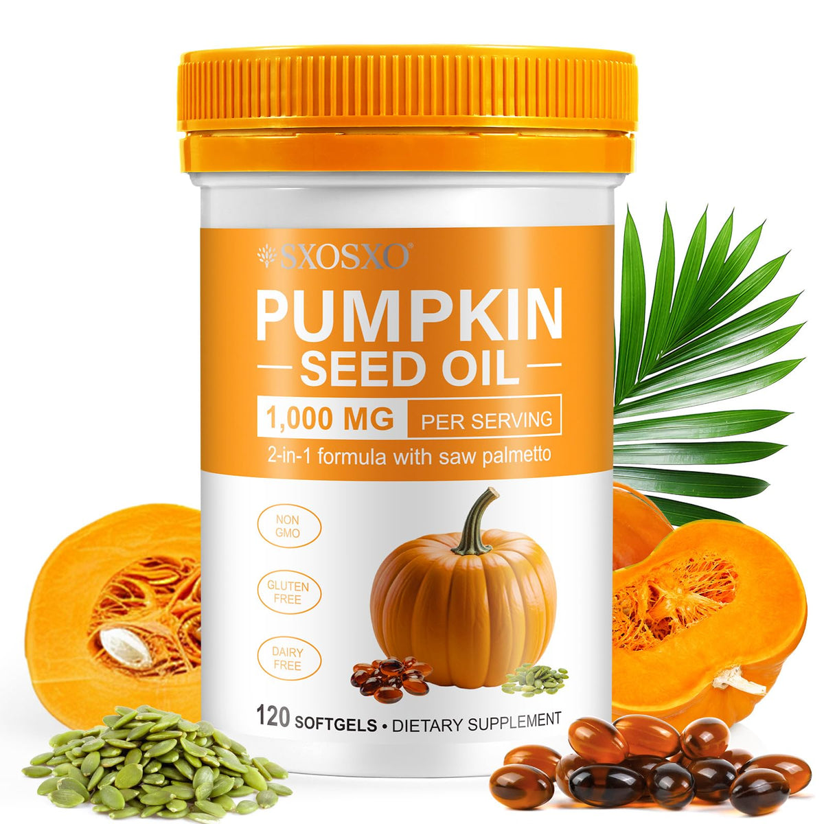 SXOSXO pumpkin seed oil softgels in bottle for daily wellness.