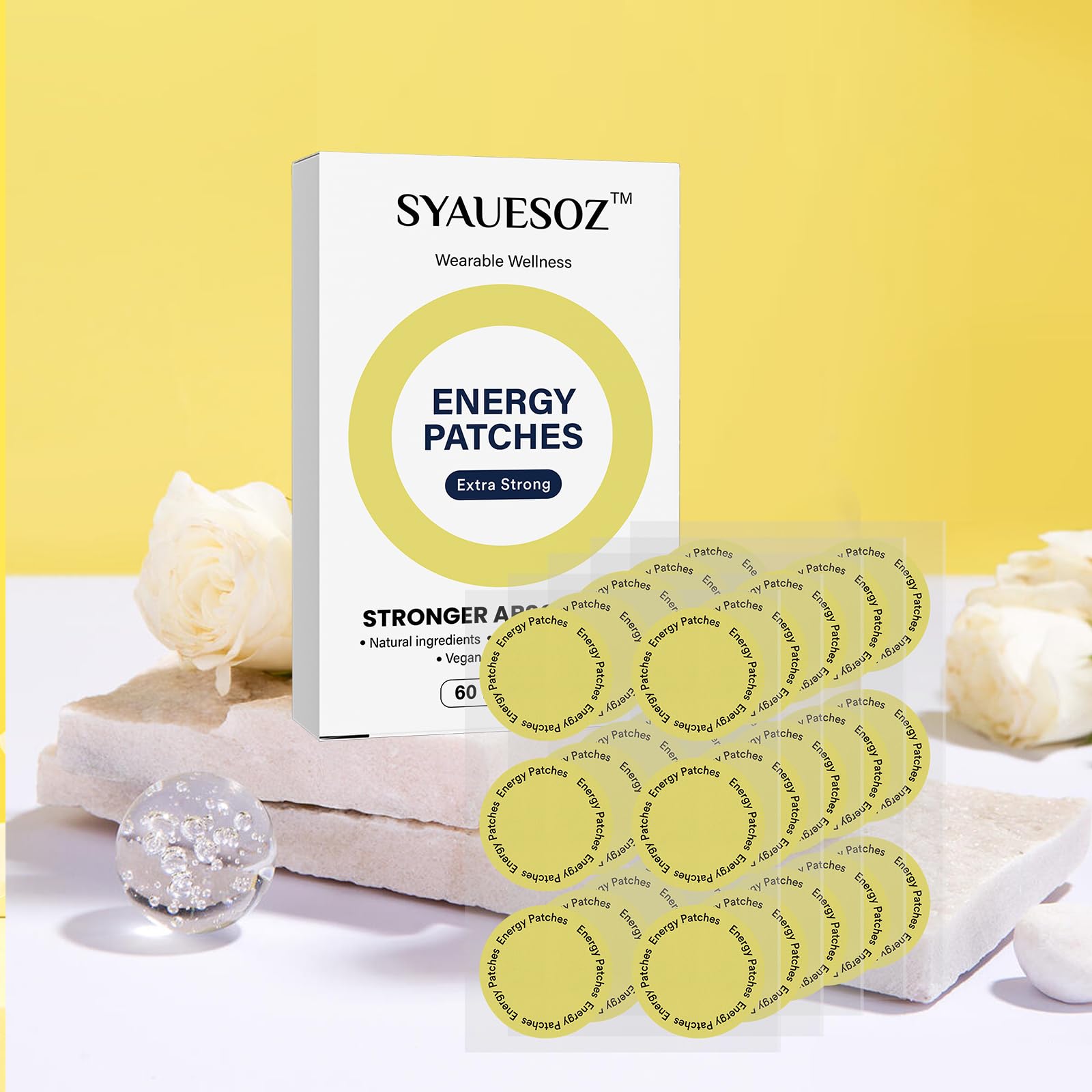 SYAUESOZ Energy Patches packaging highlights a 60-count supply.