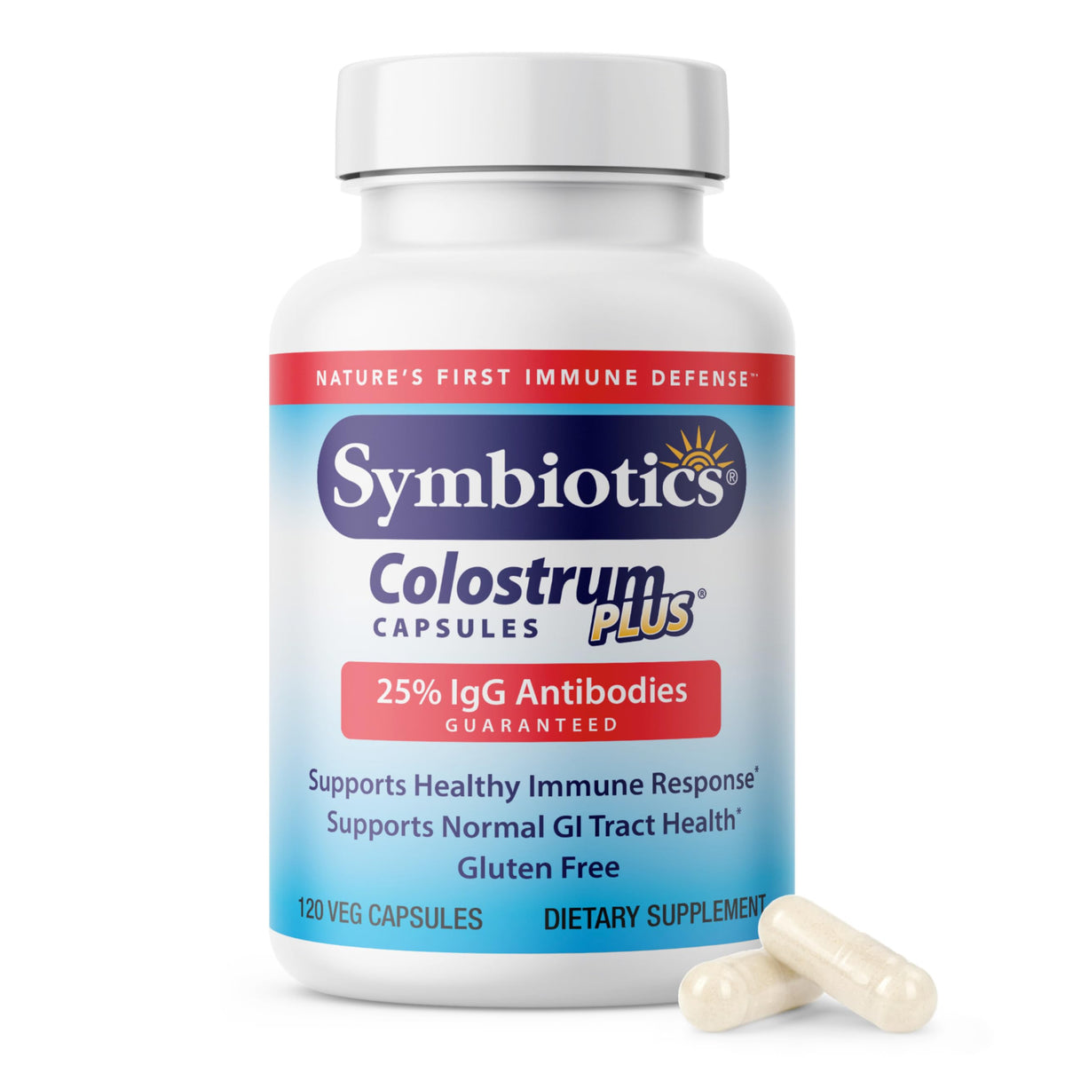 Symbiotics Colostrum capsules bottle supporting immune health.