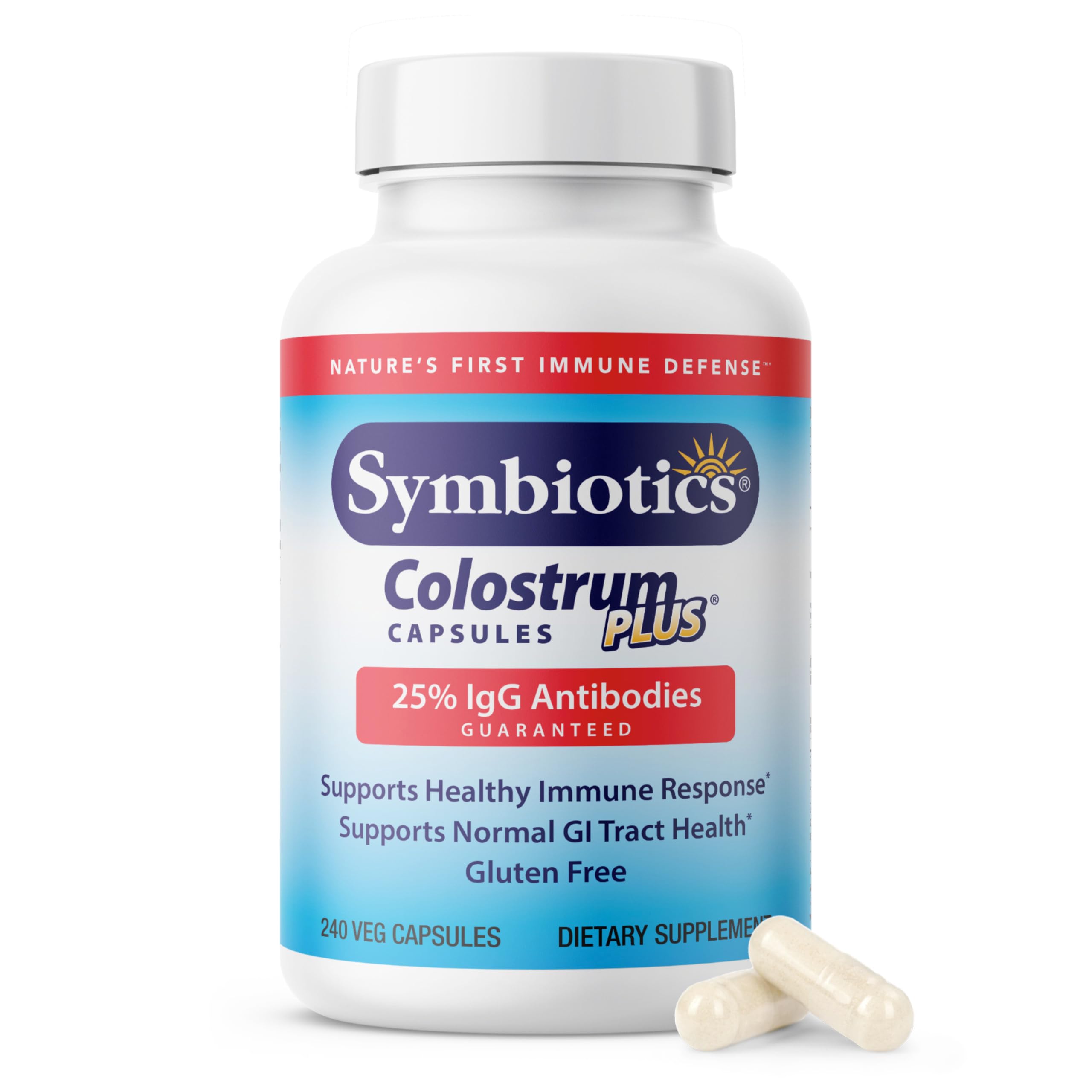 Symbiotics Colostrum 240ct bottle front showing immune support and gluten-free formula