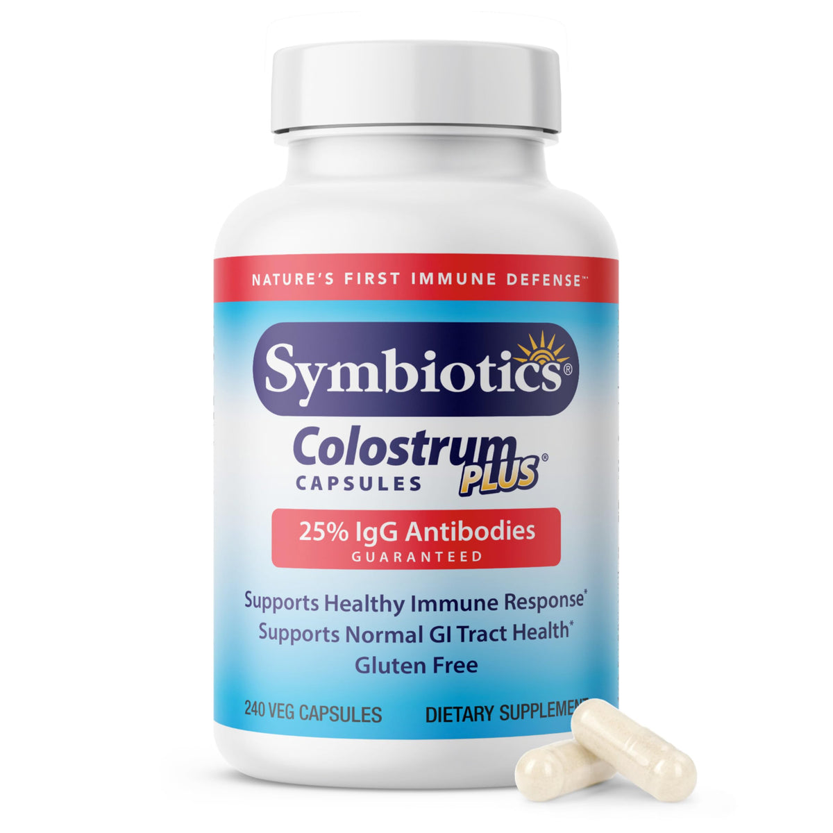 Symbiotics Colostrum 240ct bottle front showing immune support and gluten-free formula