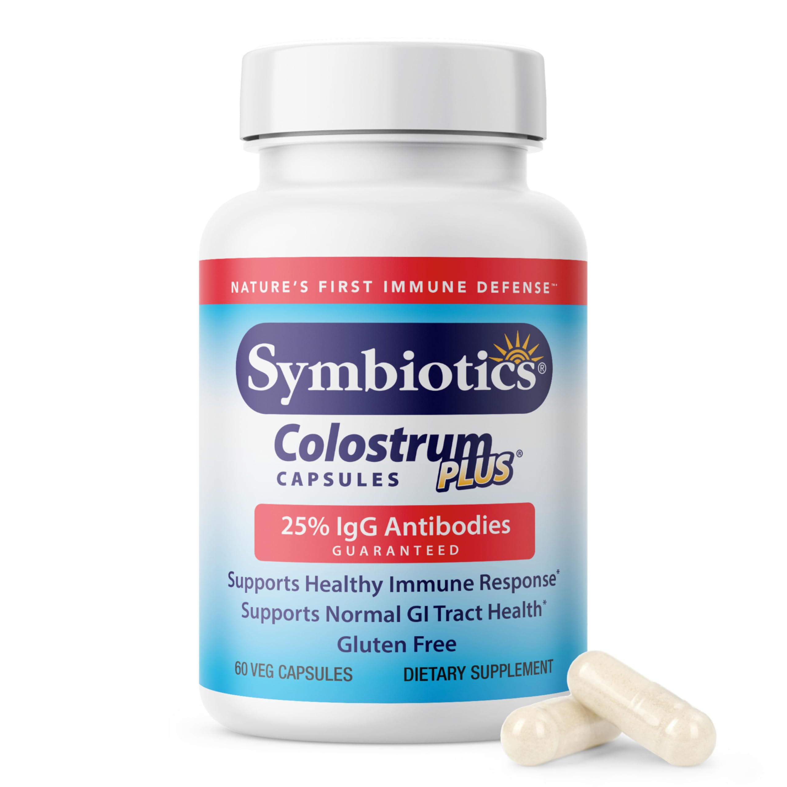 Symbiotics Colostrum 60 capsules bottle shown for immunity support and overall wellness.