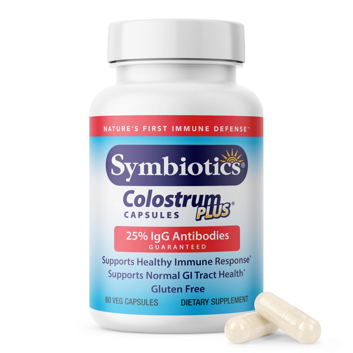 Symbiotics Colostrum 60 capsules bottle shown for immunity support and overall wellness.