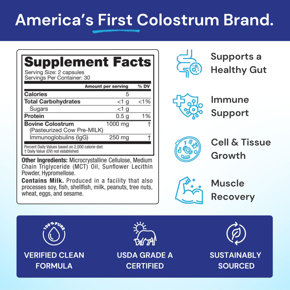 Symbiotics Colostrum bottle close-up with label highlighting 25% IgG antibodies.