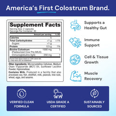 Symbiotics Colostrum bottle close-up with label highlighting 25% IgG antibodies.