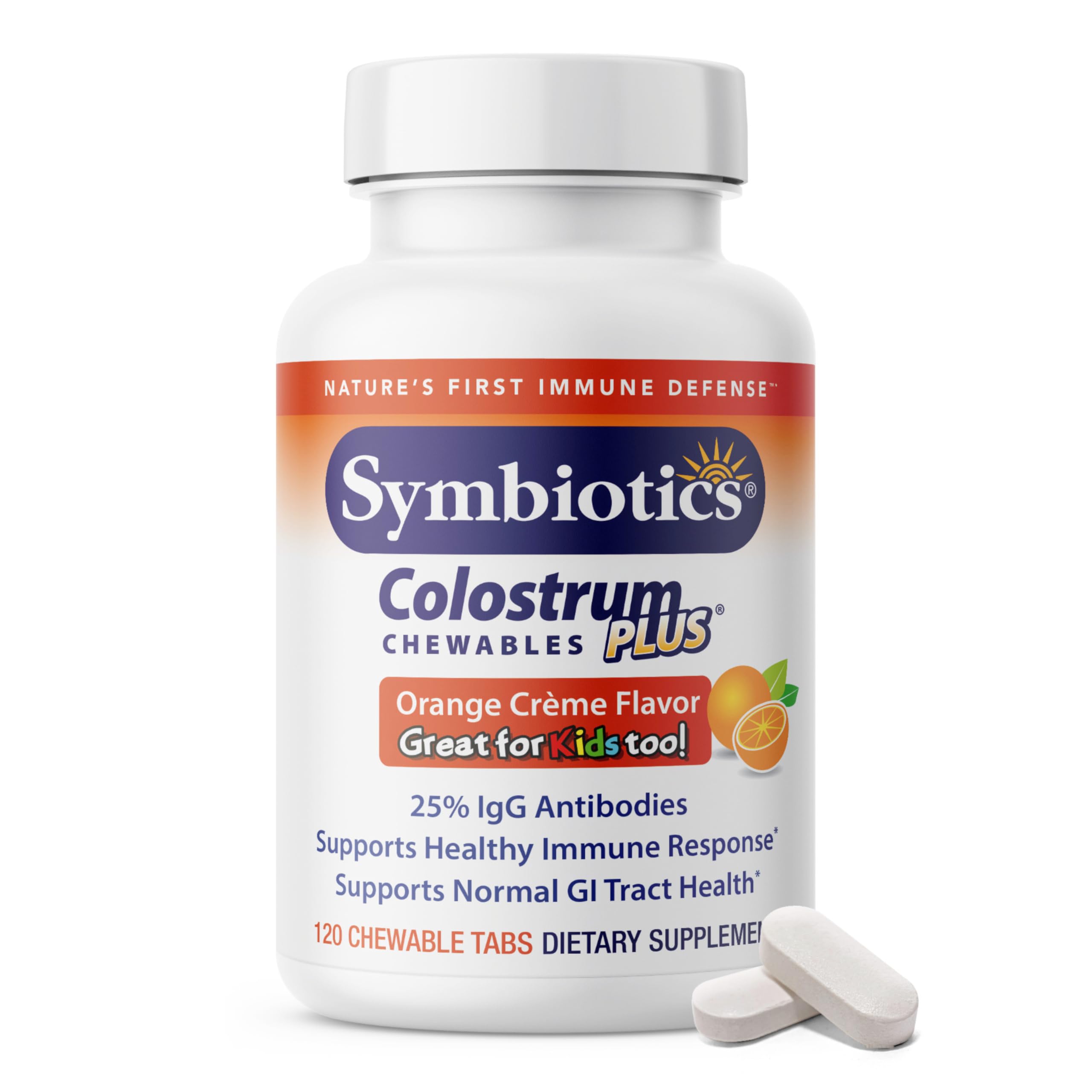 Symbiotics Colostrum Plus Orange Creme bottle highlighting immunity support for adults and kids.