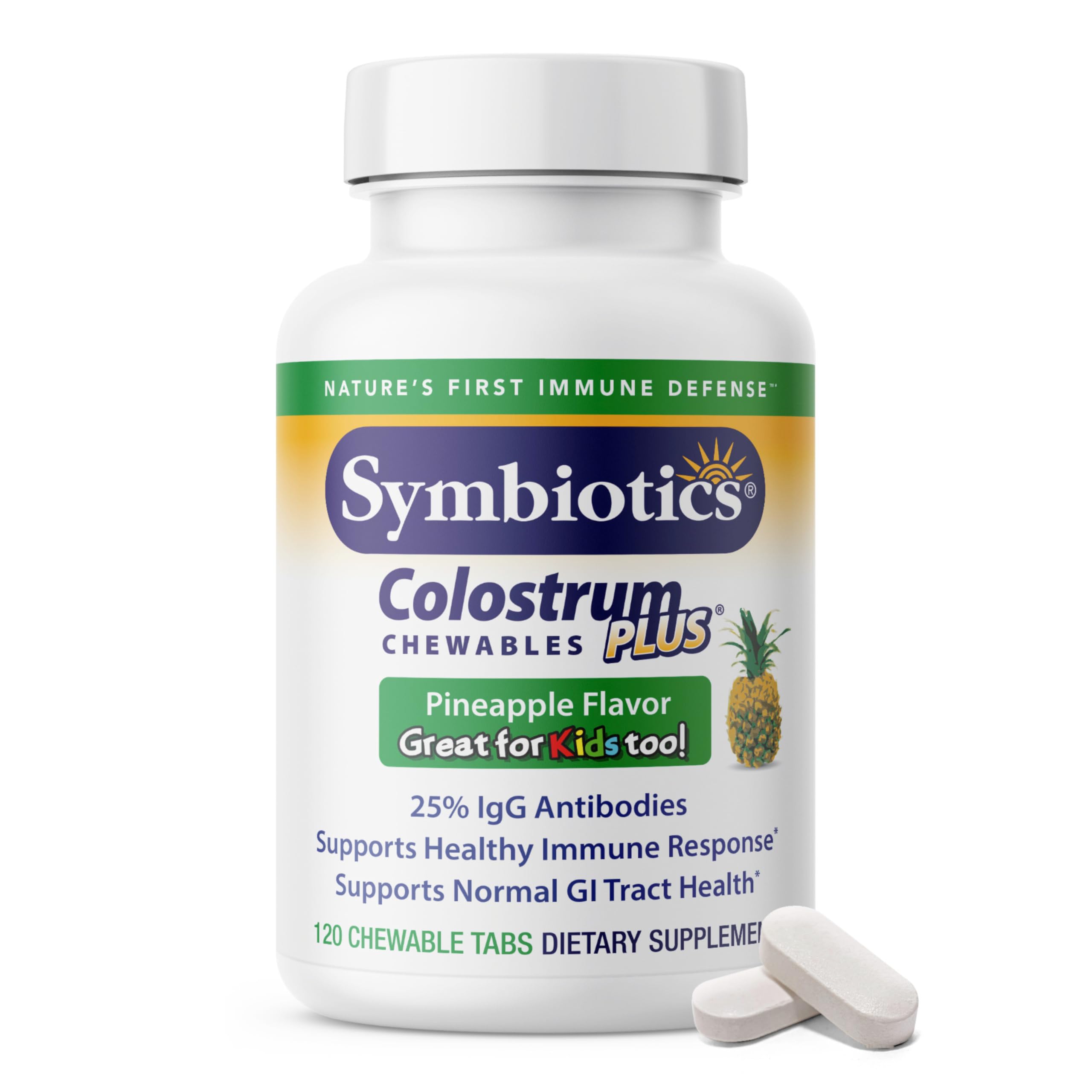 Symbiotics Colostrum Chewables Plus bottle pour offers convenient daily immunity support.