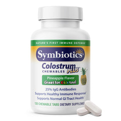 Symbiotics Colostrum Chewables Plus bottle pour offers convenient daily immunity support.