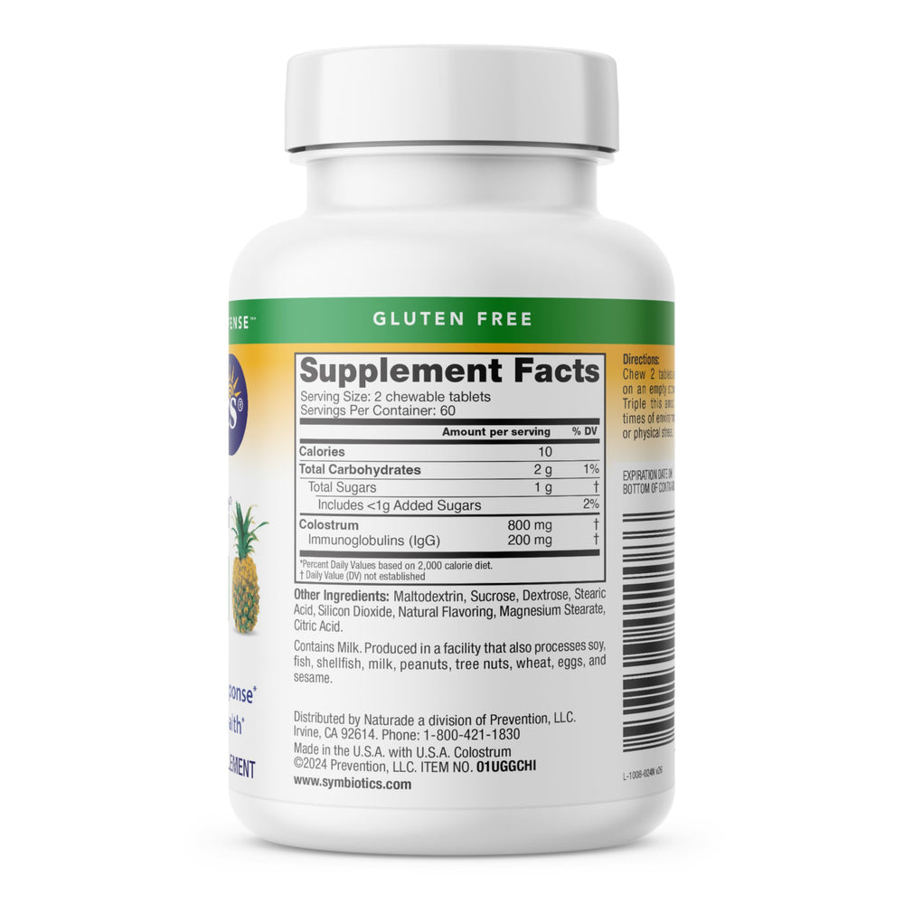 Symbiotics Colostrum Chewables Plus immunity-graphic communicates immune support potential.