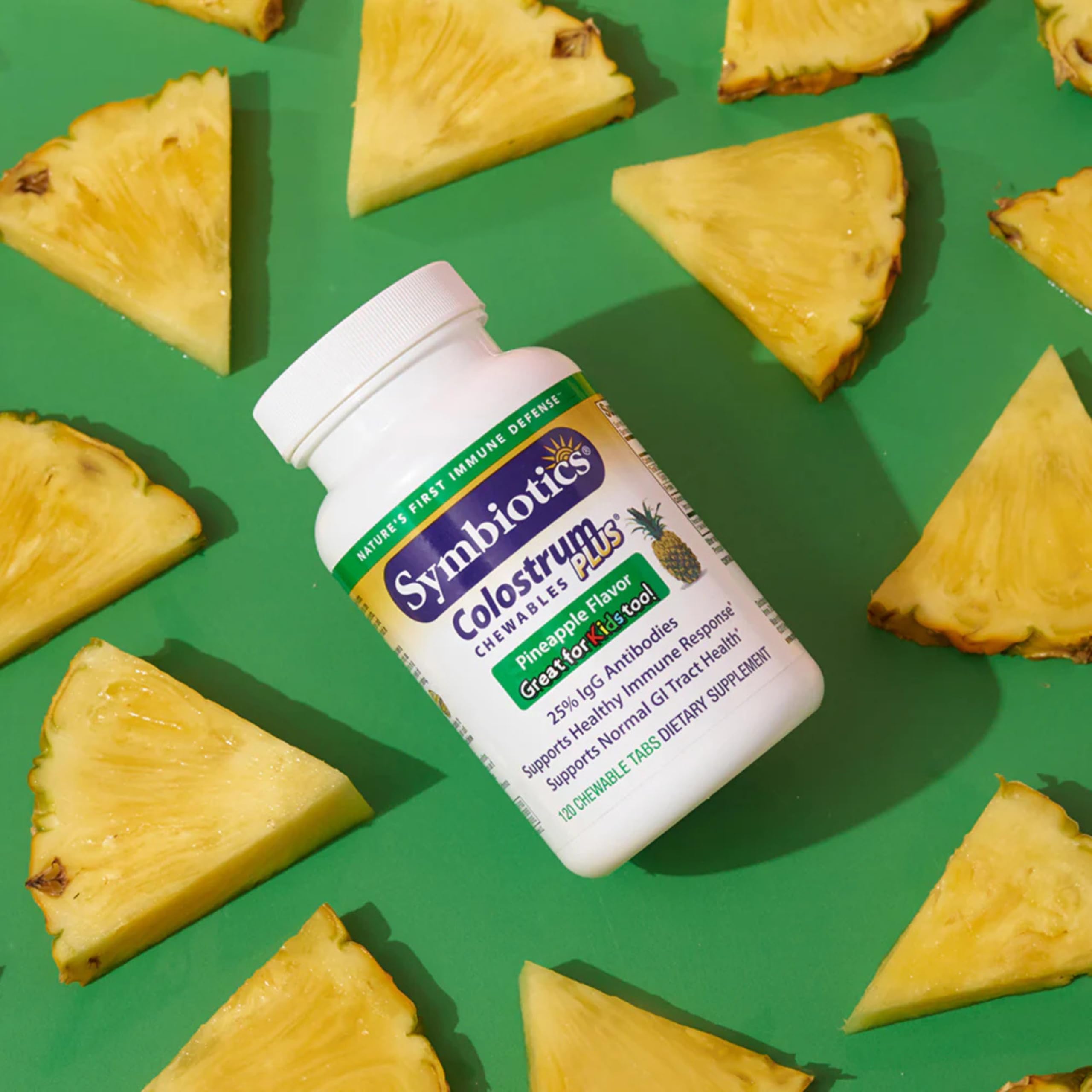 Symbiotics Colostrum Chewables Plus ingredients-label points to key nutrients.