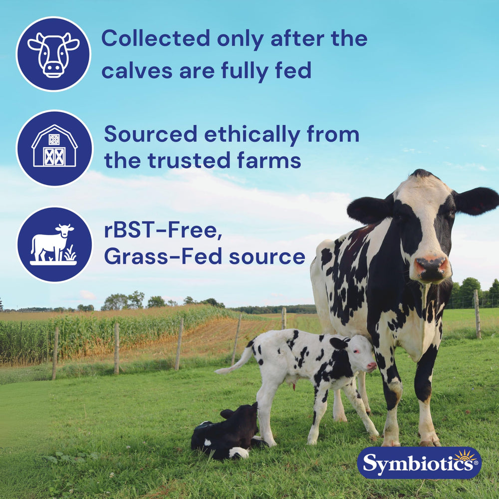 Symbiotics Colostrum packaging with IgG content details.