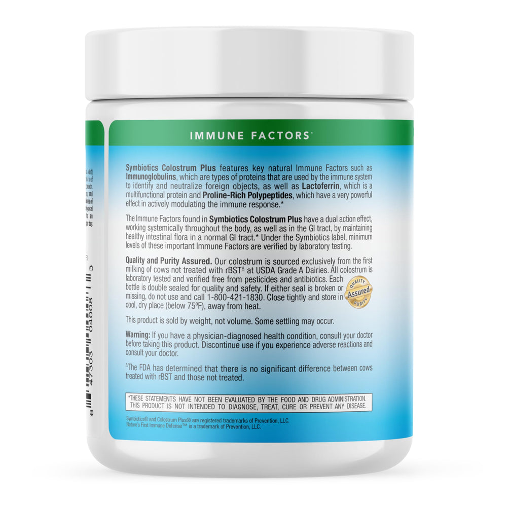 Symbiotics Colostrum Plus powder dissolving in water for quick, convenient use