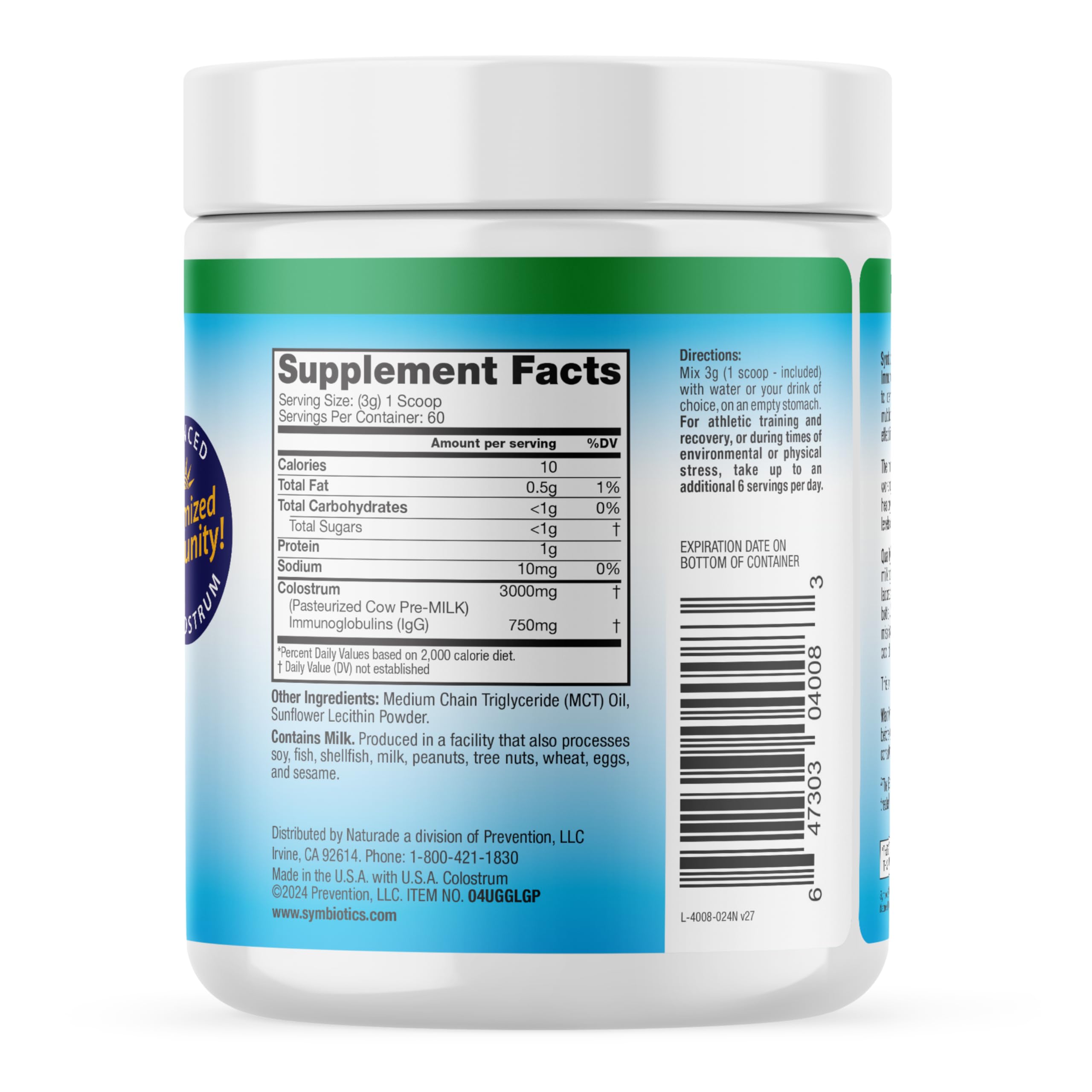 Symbiotics Colostrum Plus tub open inviting convenient daily supplementation