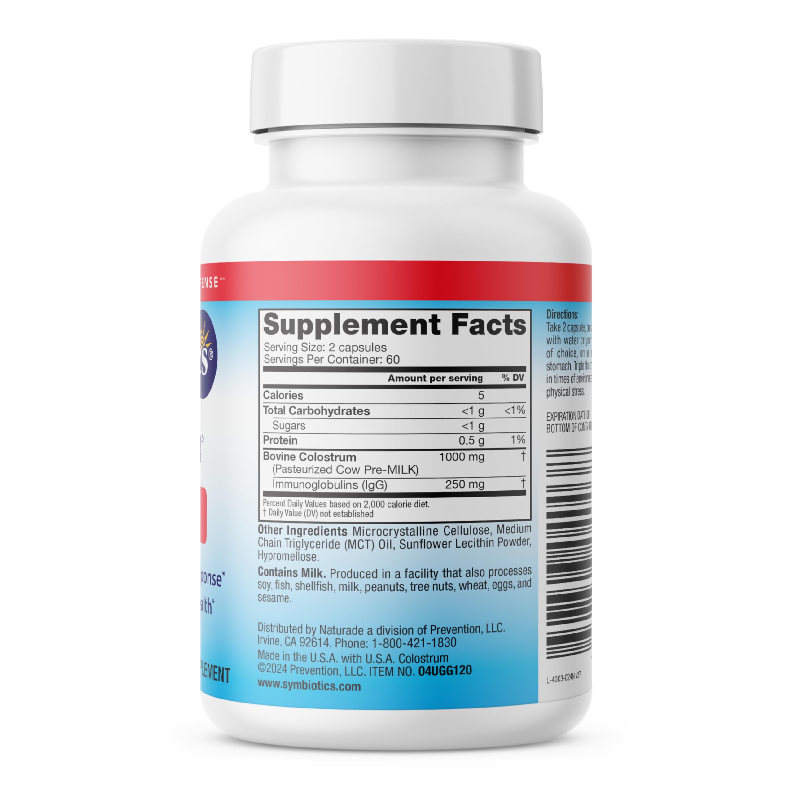 Symbiotics Colostrum bottle shown in travel-friendly setup.